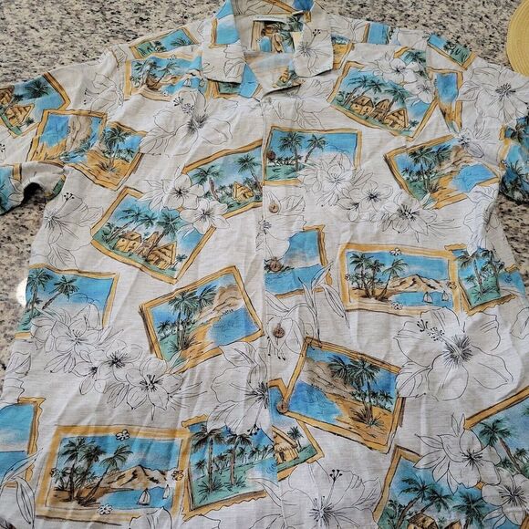 Caribbean Men's Casual Short Sleeve Shirt Beige Beach Photos‎ Size XL